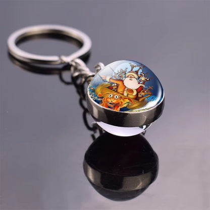 Christmas Jewelry Christmas Theme Glass Cabochon Key Chains Santa Claus Christmas Tree Pattern Double Side Glass Ball Keychain