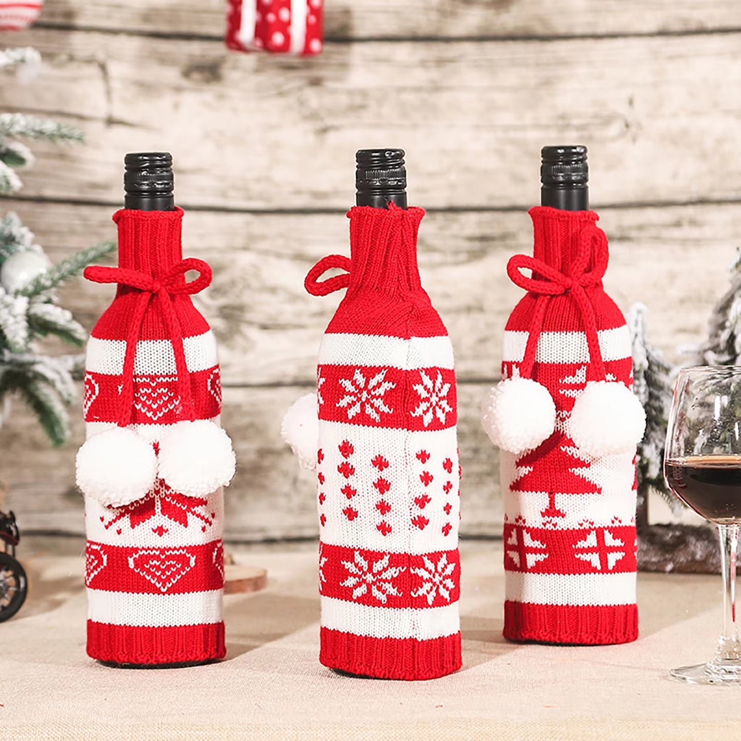 Christmas Ornaments Knitting Wool Hair Bulb Wine Bottle Cover Xmas Decor Wine Bottle Bag for Party Dinner Table Decorations