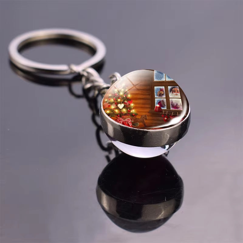 Christmas Jewelry Christmas Theme Glass Cabochon Key Chains Santa Claus Christmas Tree Pattern Double Side Glass Ball Keychain