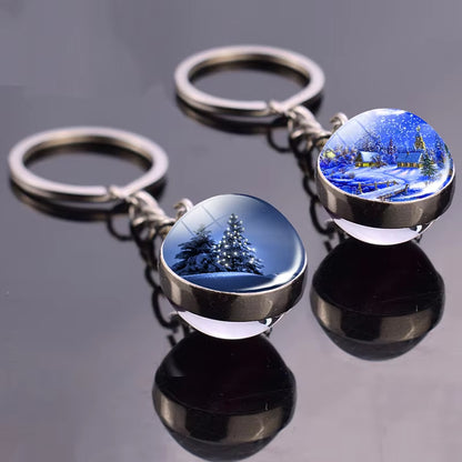 Christmas Jewelry Christmas Theme Glass Cabochon Key Chains Santa Claus Christmas Tree Pattern Double Side Glass Ball Keychain