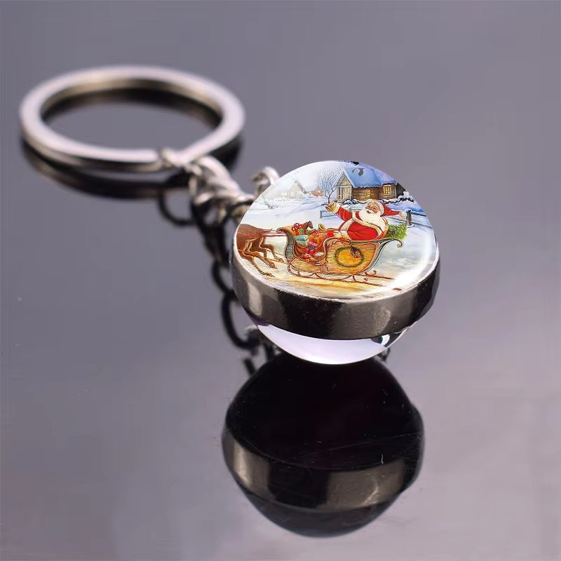 Christmas Jewelry Christmas Theme Glass Cabochon Key Chains Santa Claus Christmas Tree Pattern Double Side Glass Ball Keychain