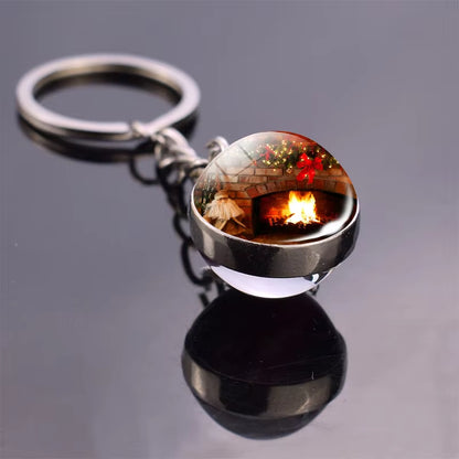 Christmas Jewelry Christmas Theme Glass Cabochon Key Chains Santa Claus Christmas Tree Pattern Double Side Glass Ball Keychain