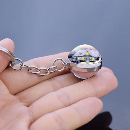 Christmas Jewelry Christmas Theme Glass Cabochon Key Chains Santa Claus Christmas Tree Pattern Double Side Glass Ball Keychain